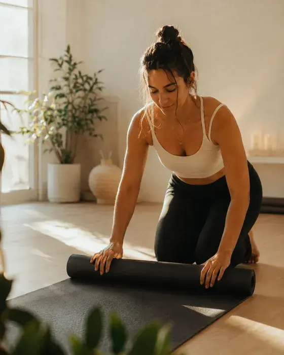An instructor rolling out a mat in a sunlit studio before a class