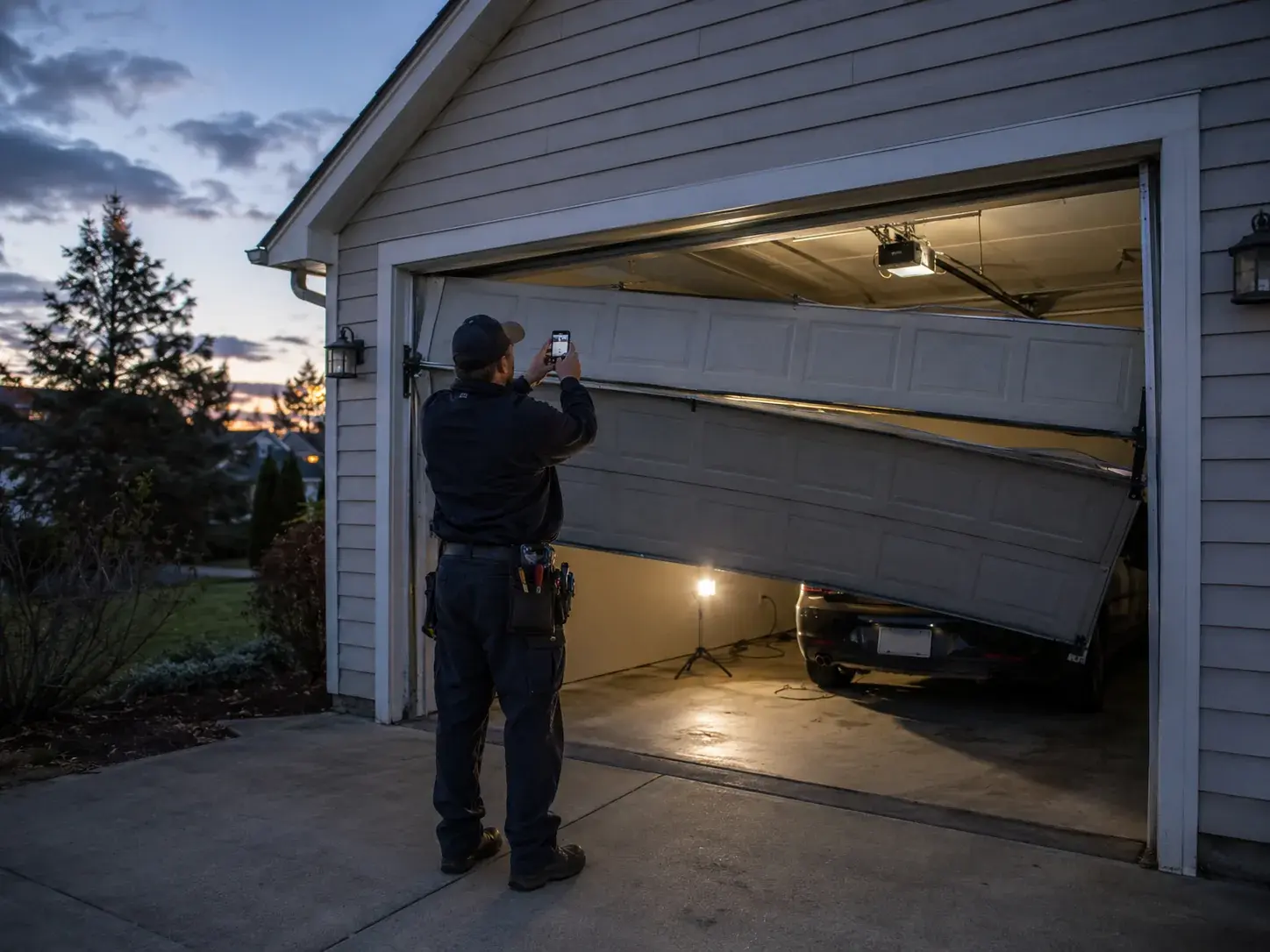 A technician at dusk photographing a garage door hanging off its track with a car inside