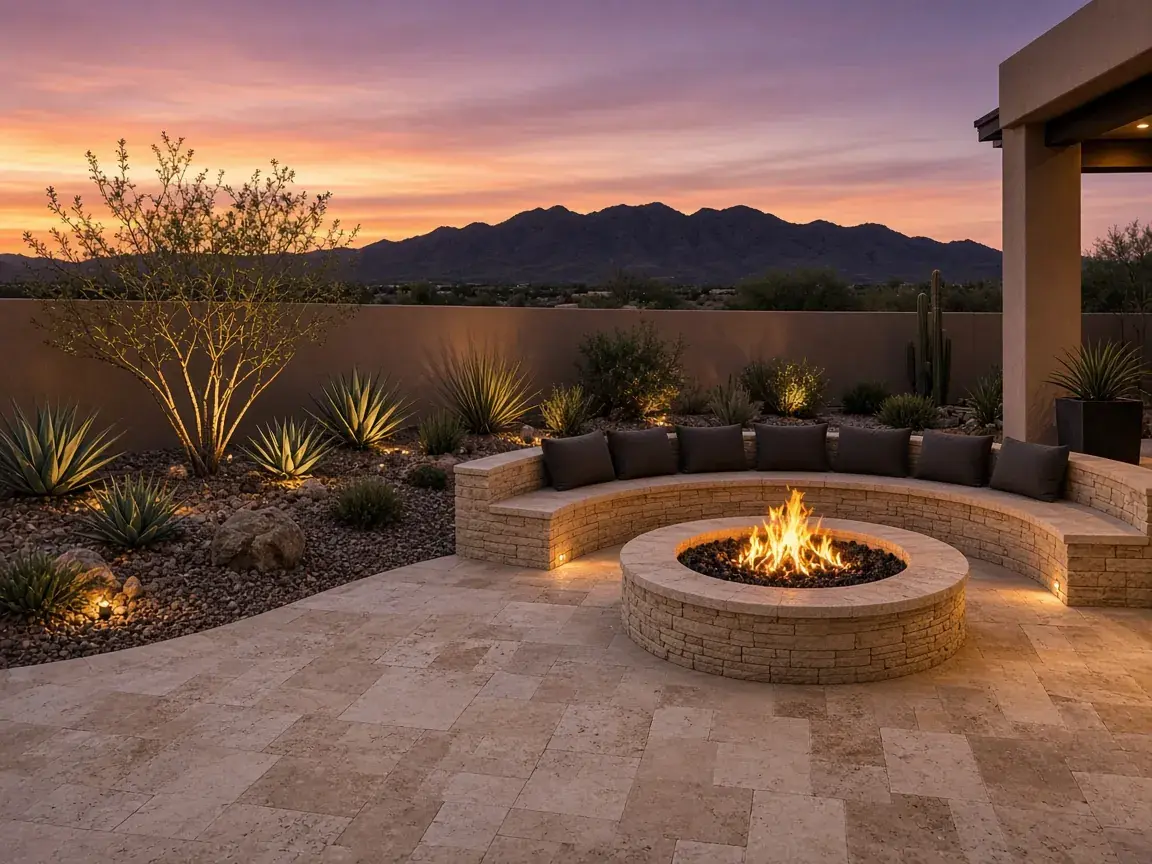 A travertine patio at dusk with a stone fire pit and a curved stone seat wall, desert plants along a block wall, and mountains beyond