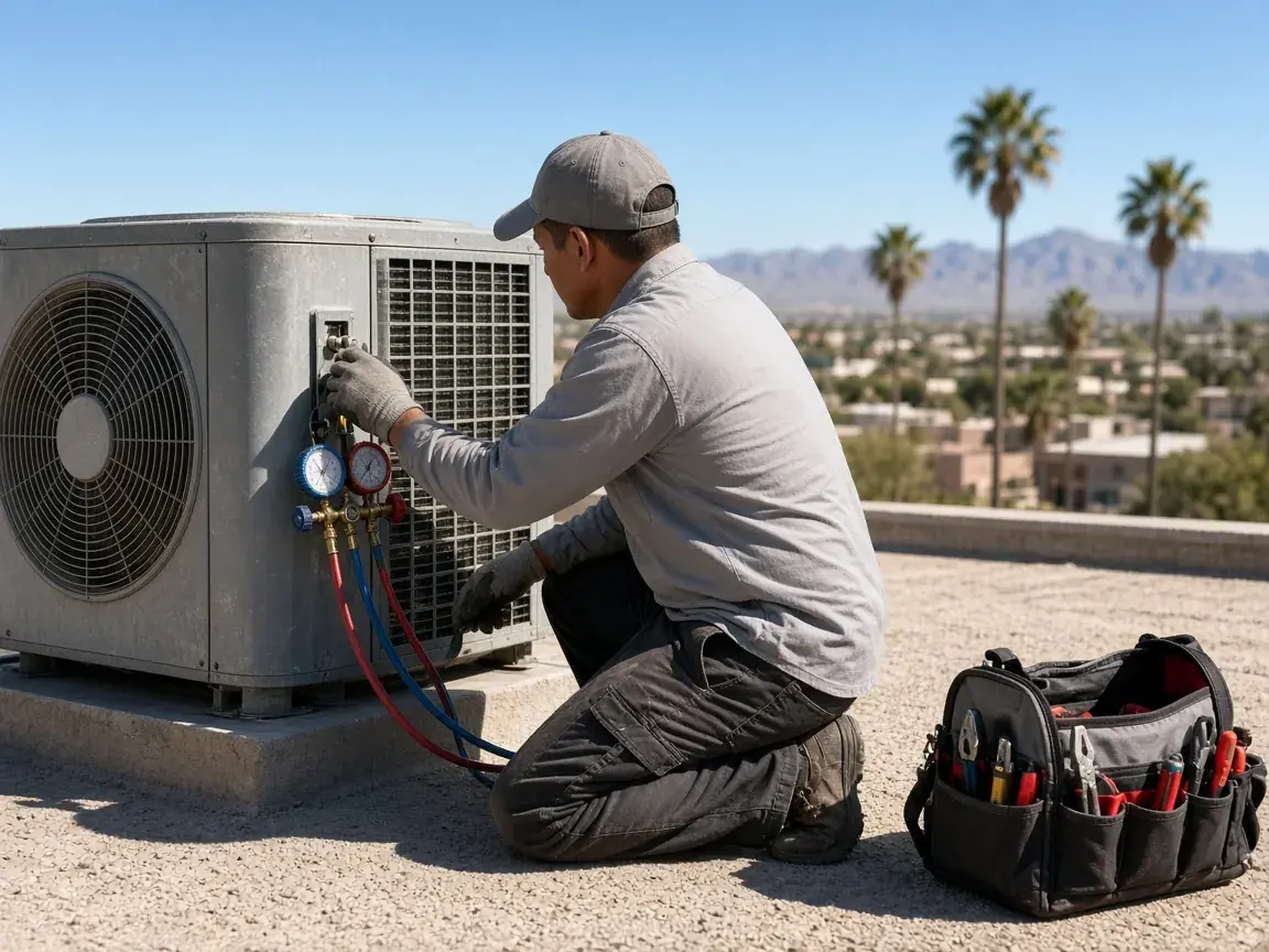 An HVAC technician kneeling at a rooftop condenser with refrigerant gauges hooked up, palm trees and desert mountains behind him under a clear sky