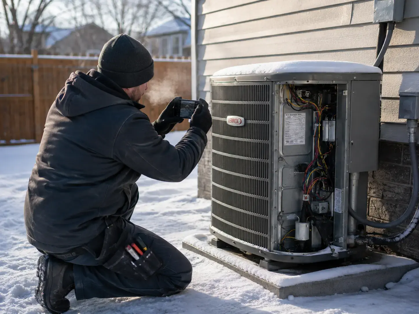 An HVAC technician kneeling at an outdoor condenser unit in the snow, its access panel open
