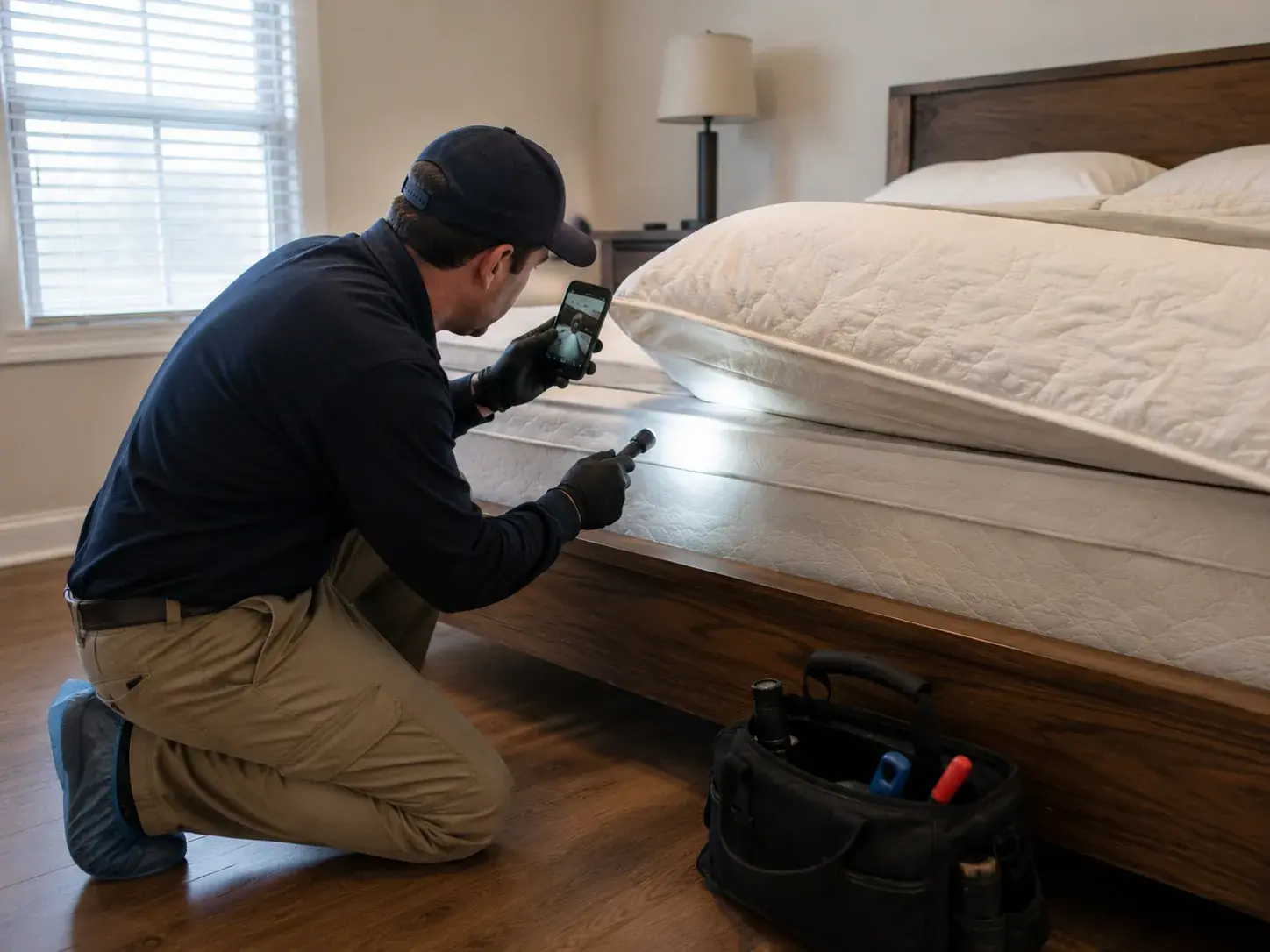 A pest control technician kneeling with a flashlight, inspecting the seam of a mattress in a bedroom