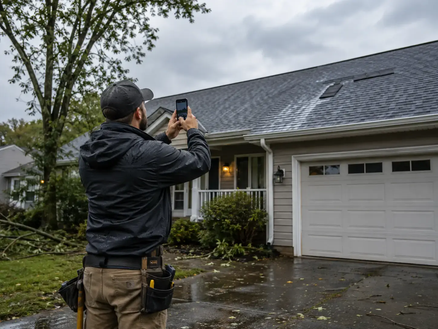 A roofer standing in a wet yard after a storm, photographing a damaged roof with a phone