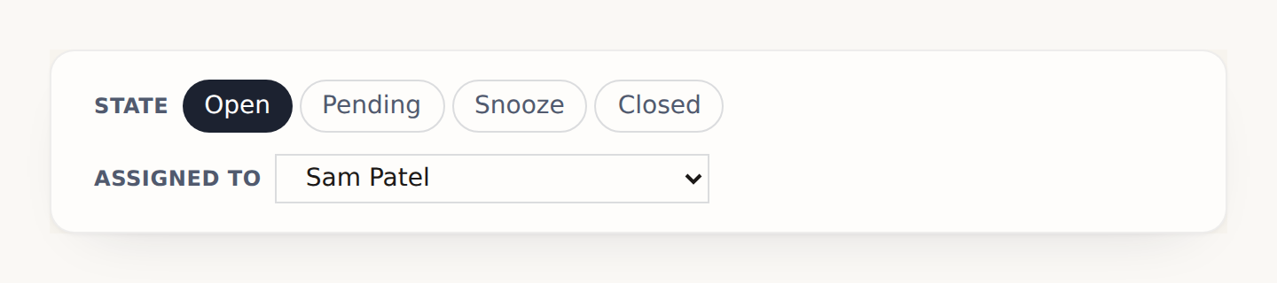 A conversation set to Open and assigned to Sam Patel, with Pending, Snooze and Closed beside it.