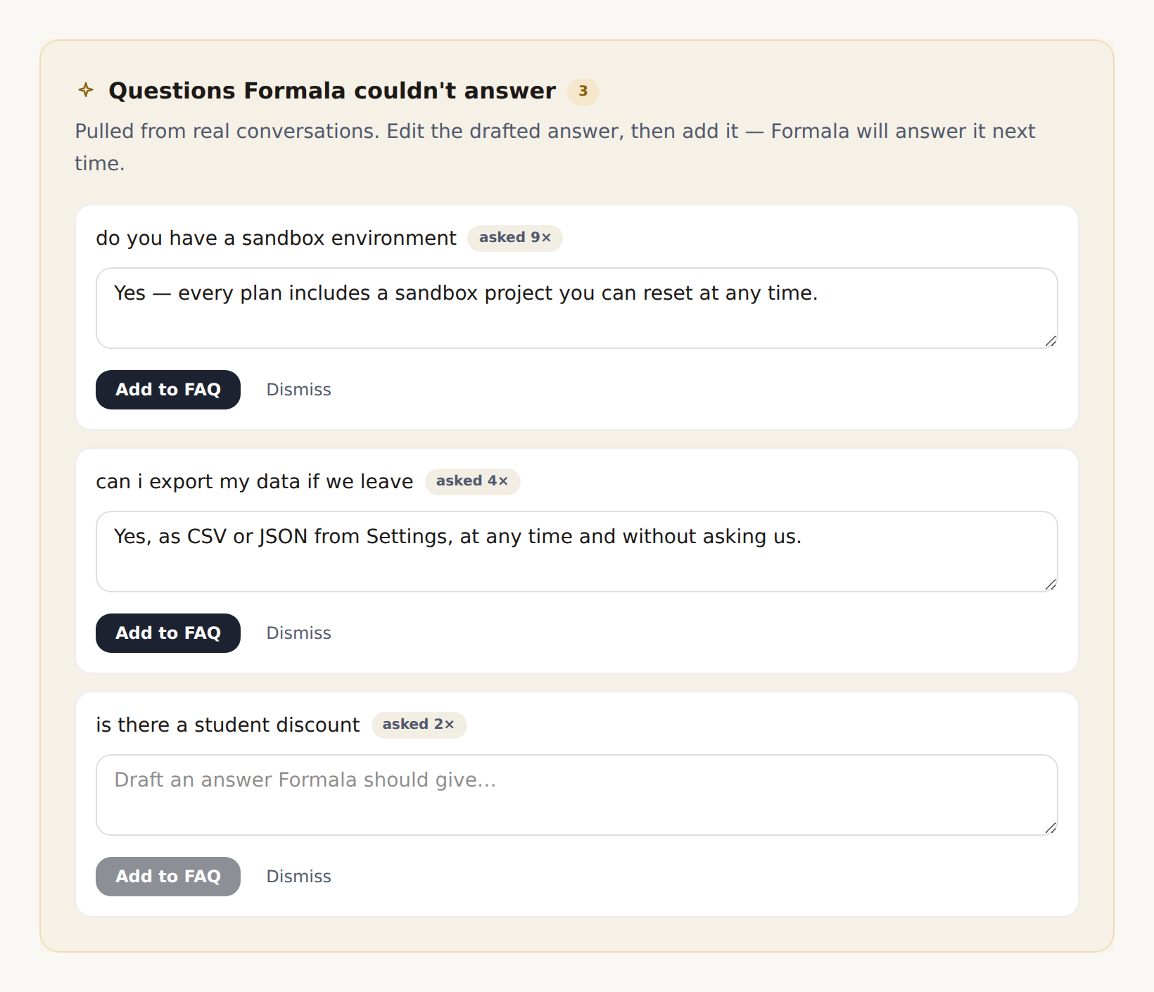 A list of questions the assistant could not answer, each with how many people asked it and a drafted answer to accept.