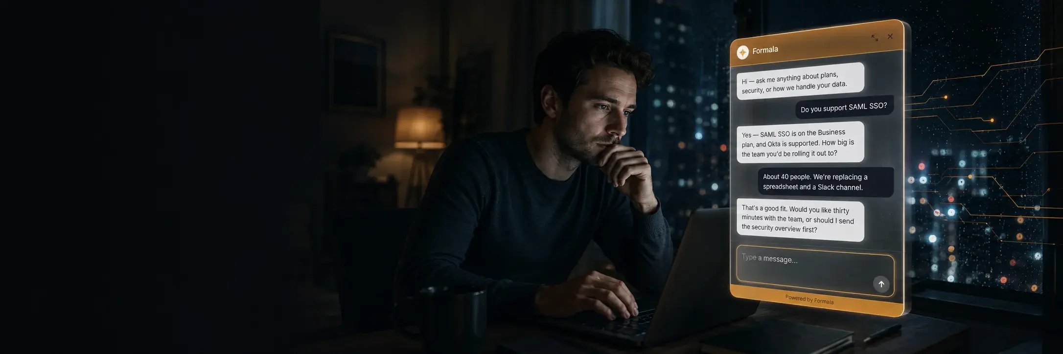 A person at a desk late at night, lit by their laptop, with the Formala chat panel open beside them answering a question about SAML SSO.
