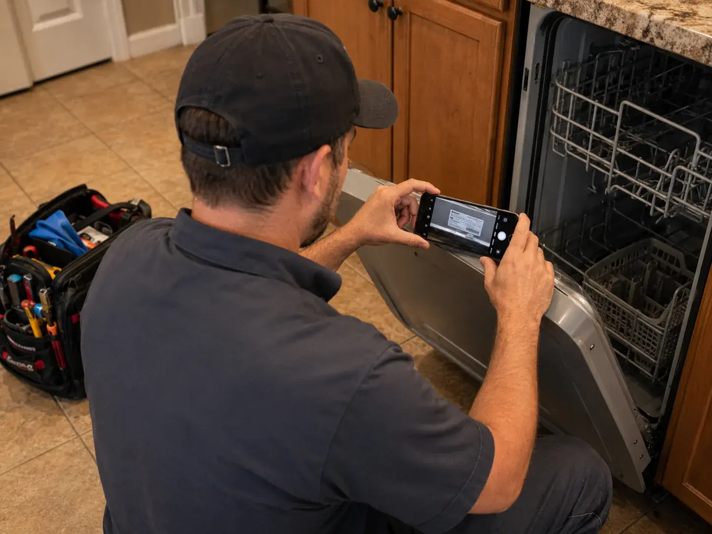 An appliance technician kneeling at an open dishwasher in a kitchen, photographing the inside