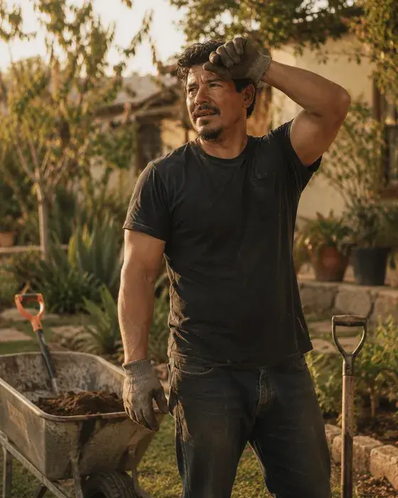 A landscaper in work gloves wiping his brow beside a wheelbarrow of soil, in a garden of desert plants
