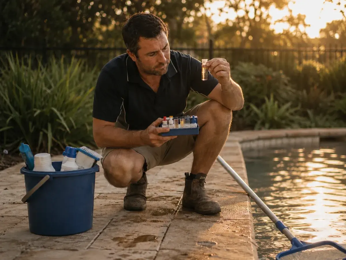 A pool technician crouched at the edge of a pool at golden hour, holding a water test vial up to the light