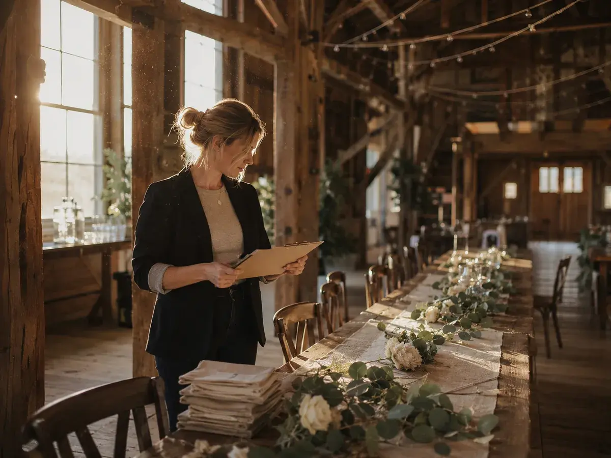 A venue coordinator with a clipboard checking a long table set for a wedding in a barn