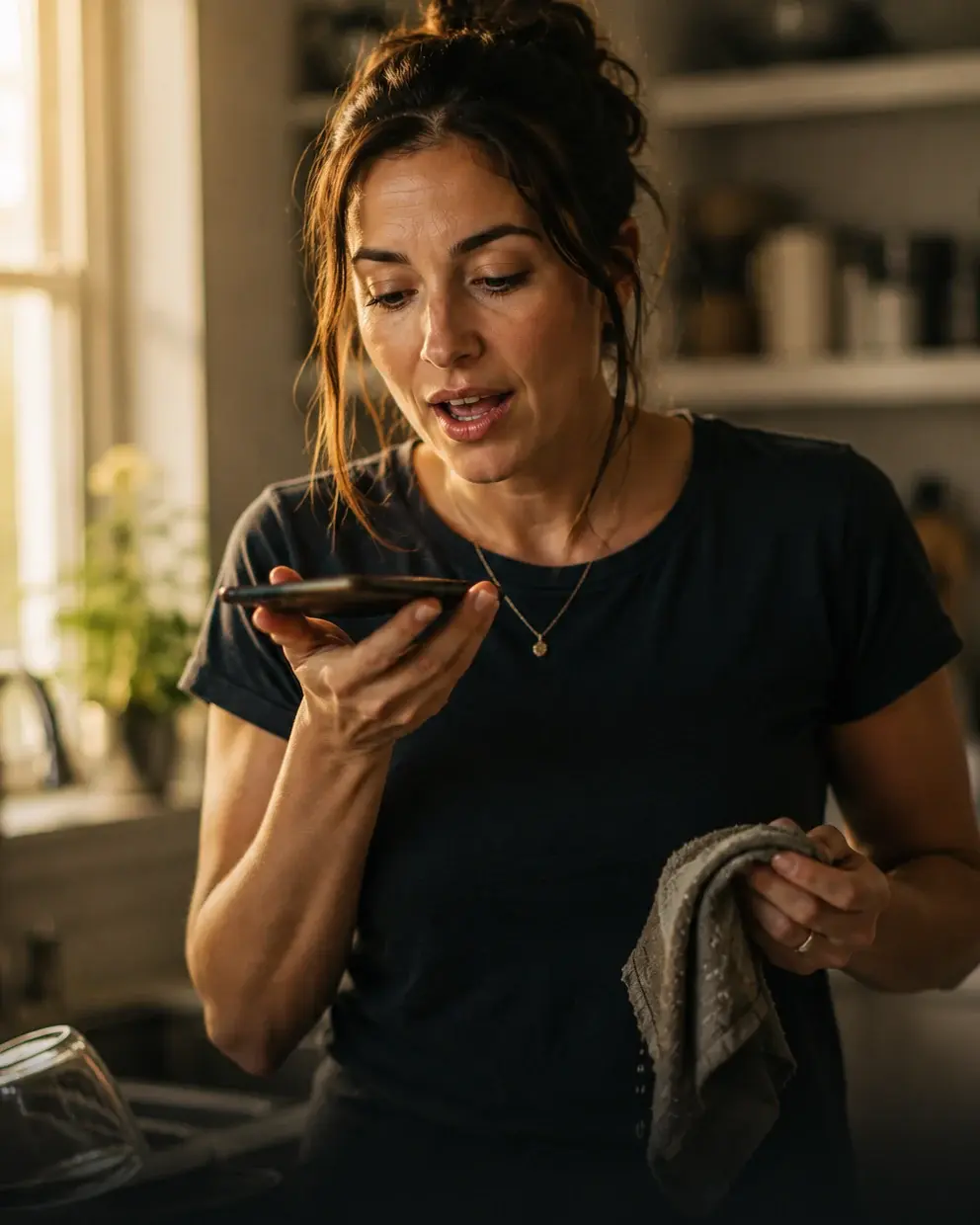 A woman at a kitchen sink, a cloth in one hand, speaking into a phone she holds in front of her rather than against her ear