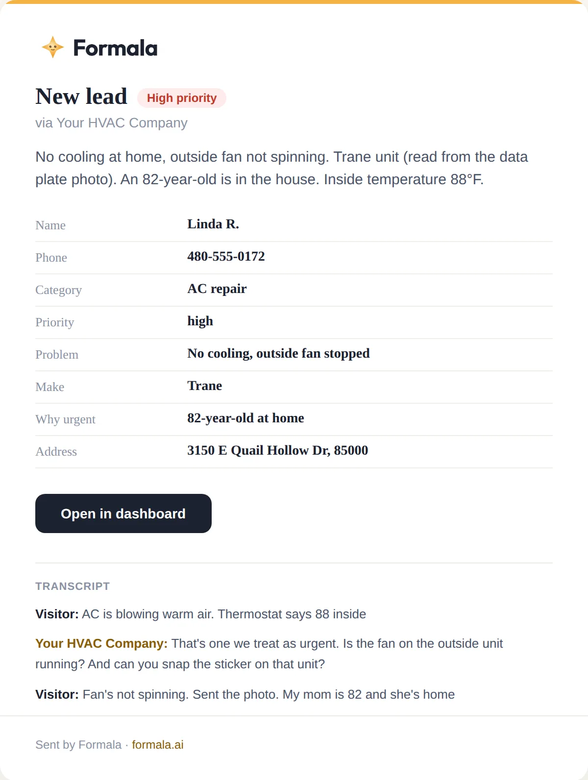 A sample Formala lead email for an HVAC company: no cooling, a Trane unit, an 82-year-old at home, marked high priority, with an Open in dashboard button.