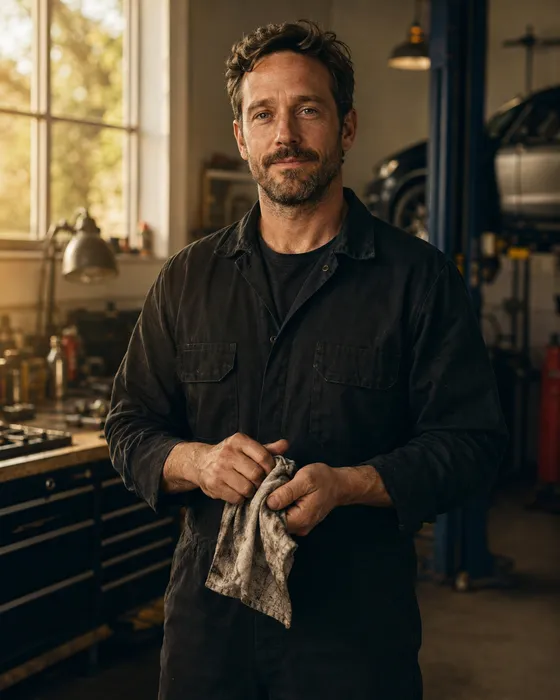A mechanic in his garage between jobs