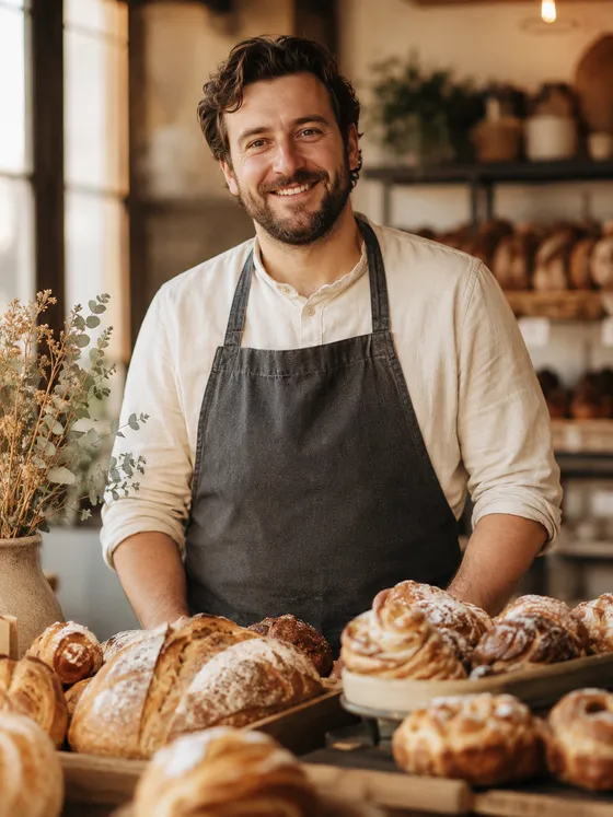 A baker behind a counter of fresh pastries