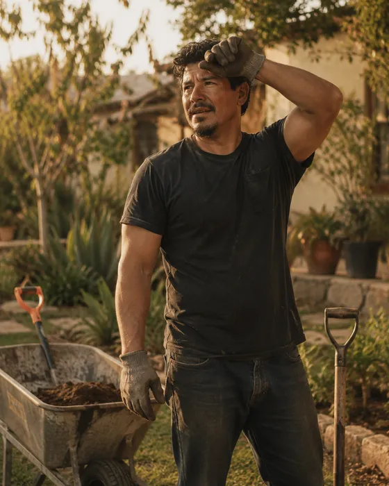 A landscaper working in a leafy garden